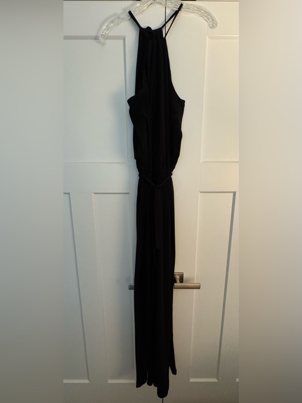 Kaari Blue Sleek Black Sleeveless Jumpsuit with Waist Tie
